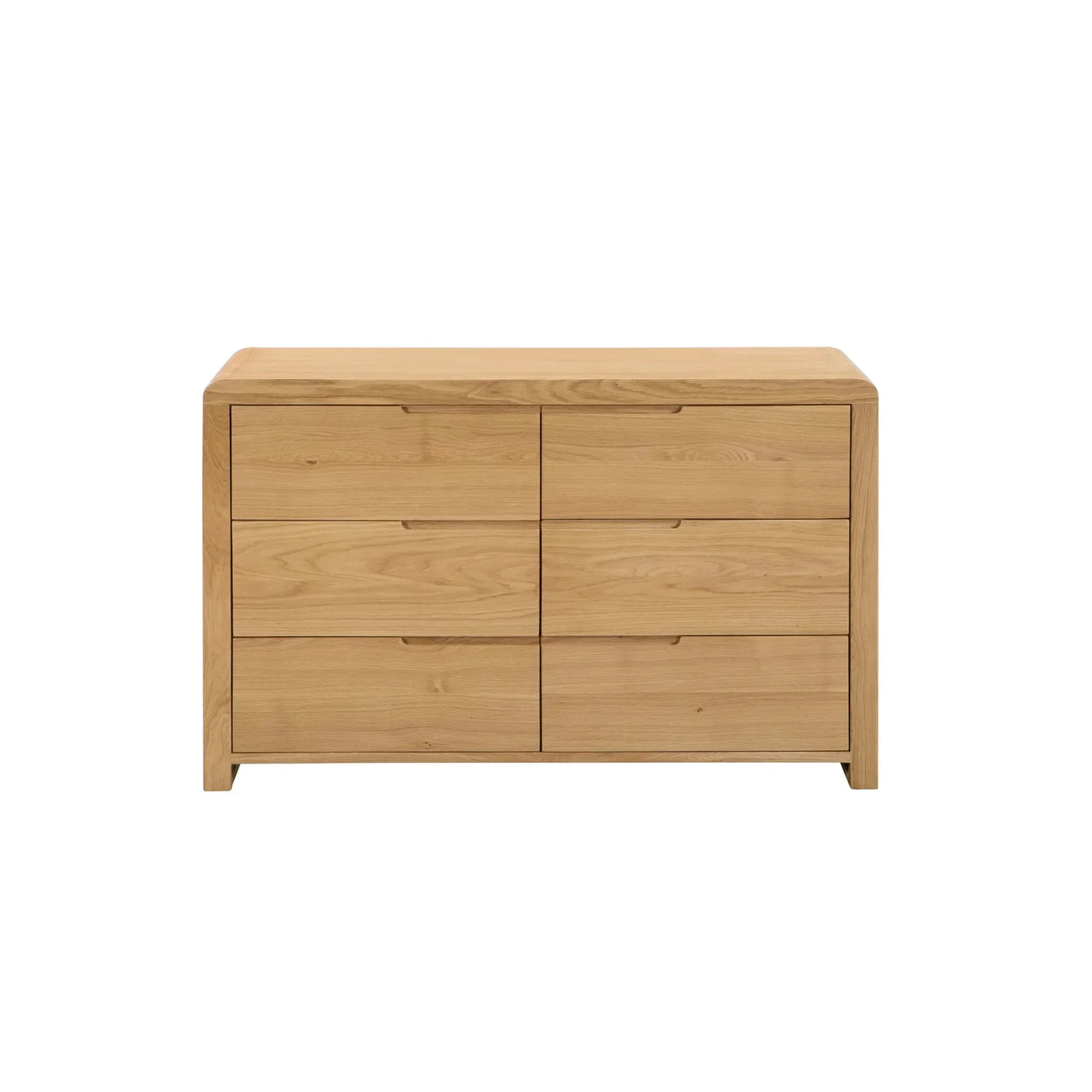 Oak finish 6 drawer wide chest with clean lines and recessed handles, front view