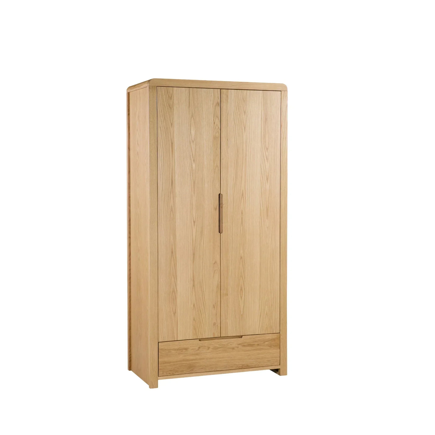 Oak wardrobe with two doors and one drawer, straight front view on white background