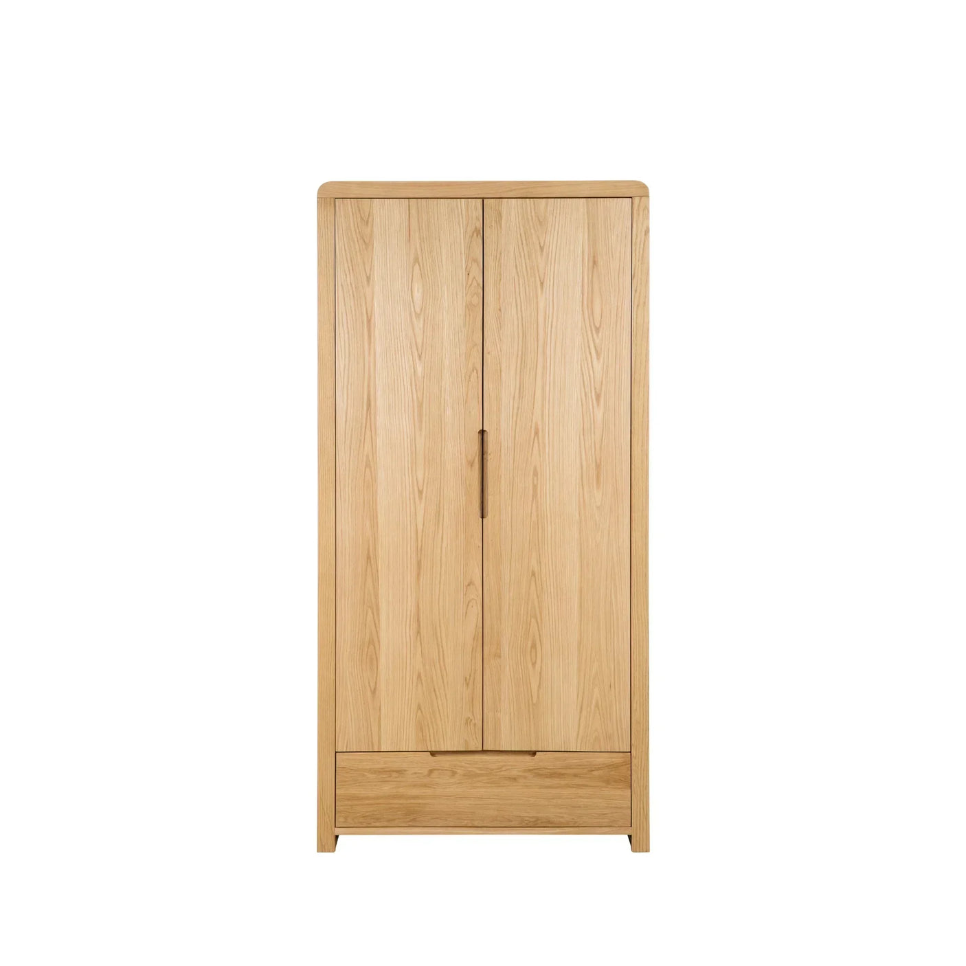Oak wardrobe with two doors and one drawer, straight front view