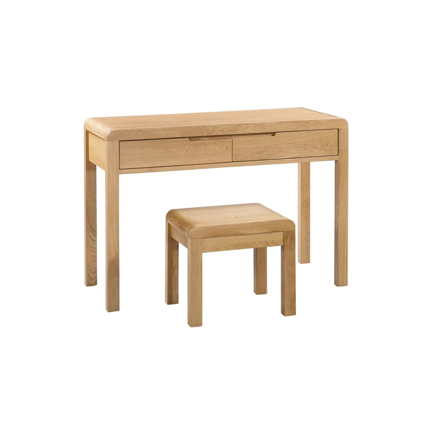 Oak dressing table with two drawers and matching stool, shown on white background