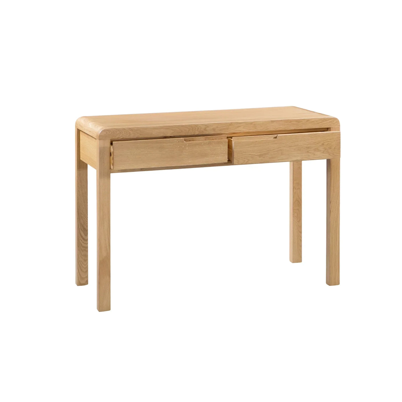 Oak dressing table with two drawers and rounded edges against white background