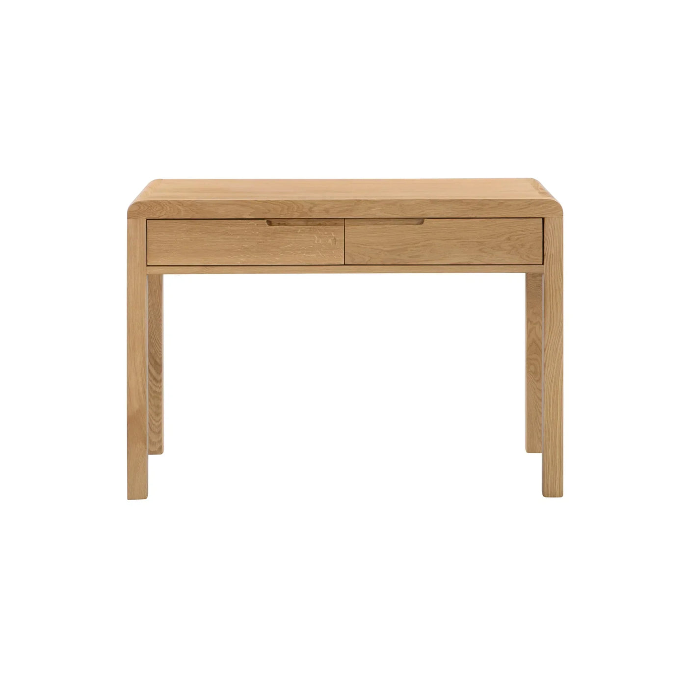 Oak dressing table with two drawers and clean lines on white background