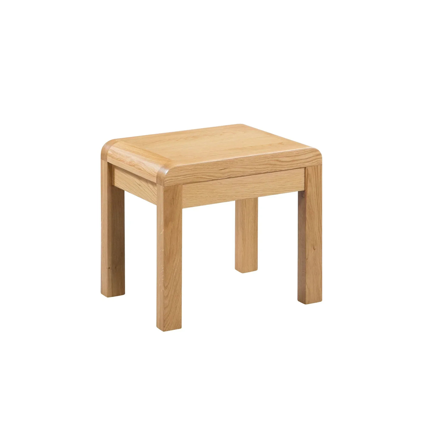 Square oak dressing table stool with four legs and rounded corners on white background