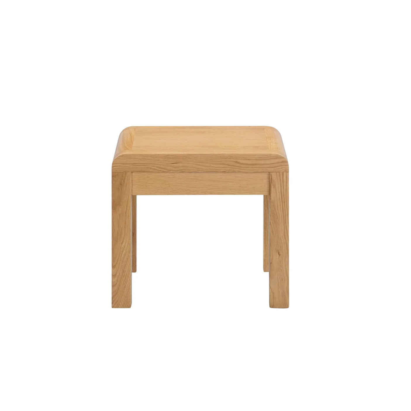 Oak dressing table stool with clean lines and natural wood grain, front view