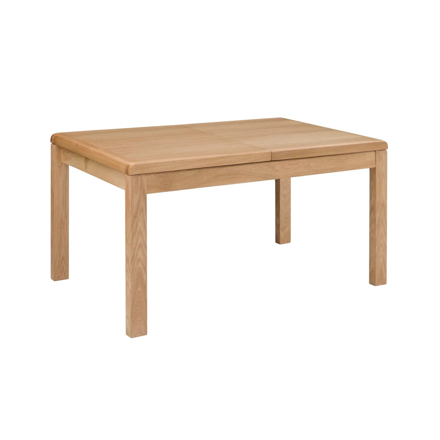 Rectangular oak dining table with rounded corners and four sturdy legs on white background