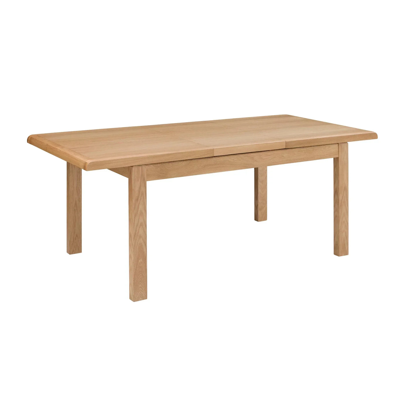 Rectangular oak dining table with straight legs and curved edges on white background