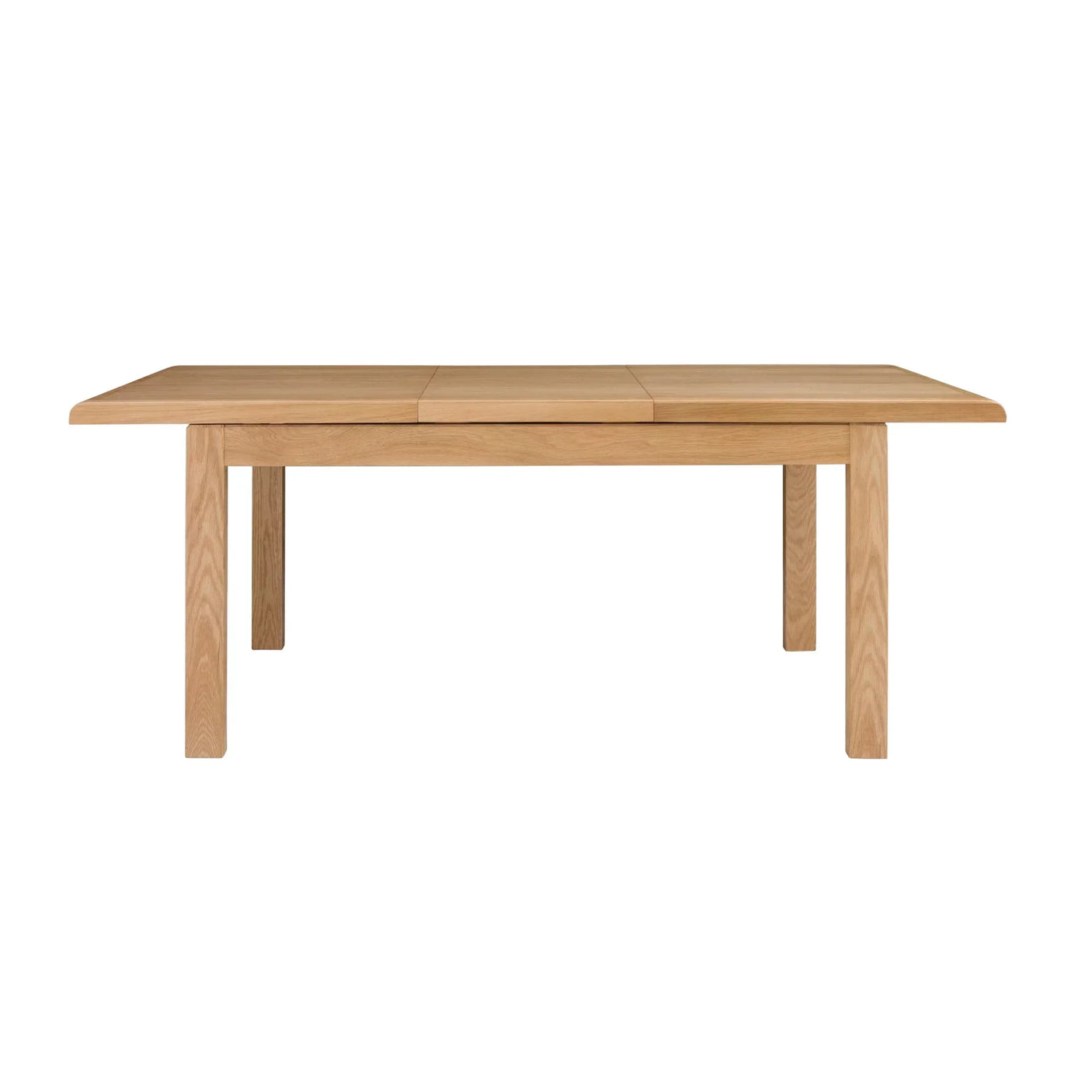 Rectangular oak dining table with curved edges and wooden legs, front view on white background