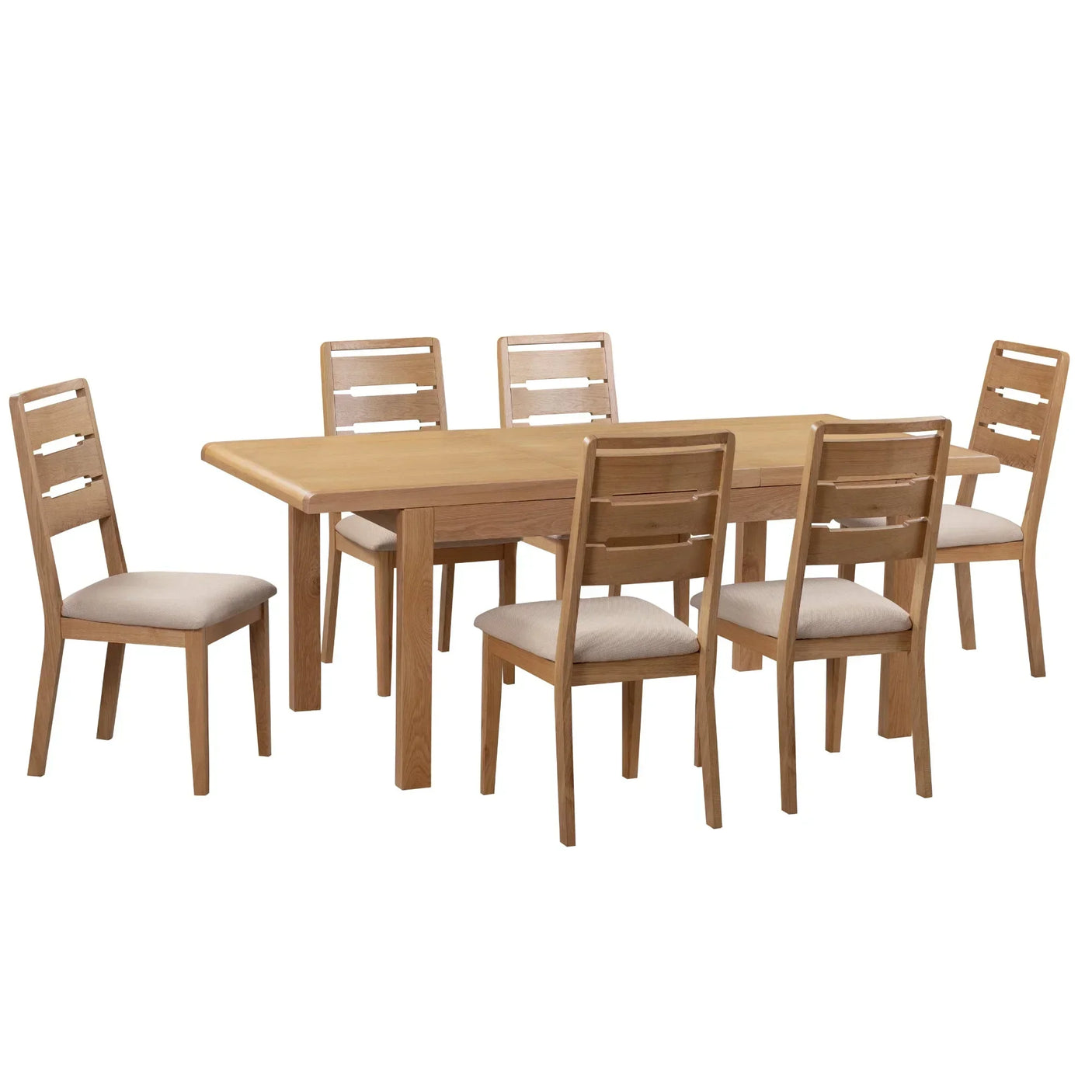 Oak dining table with six matching chairs, beige seat cushions, cutout white background