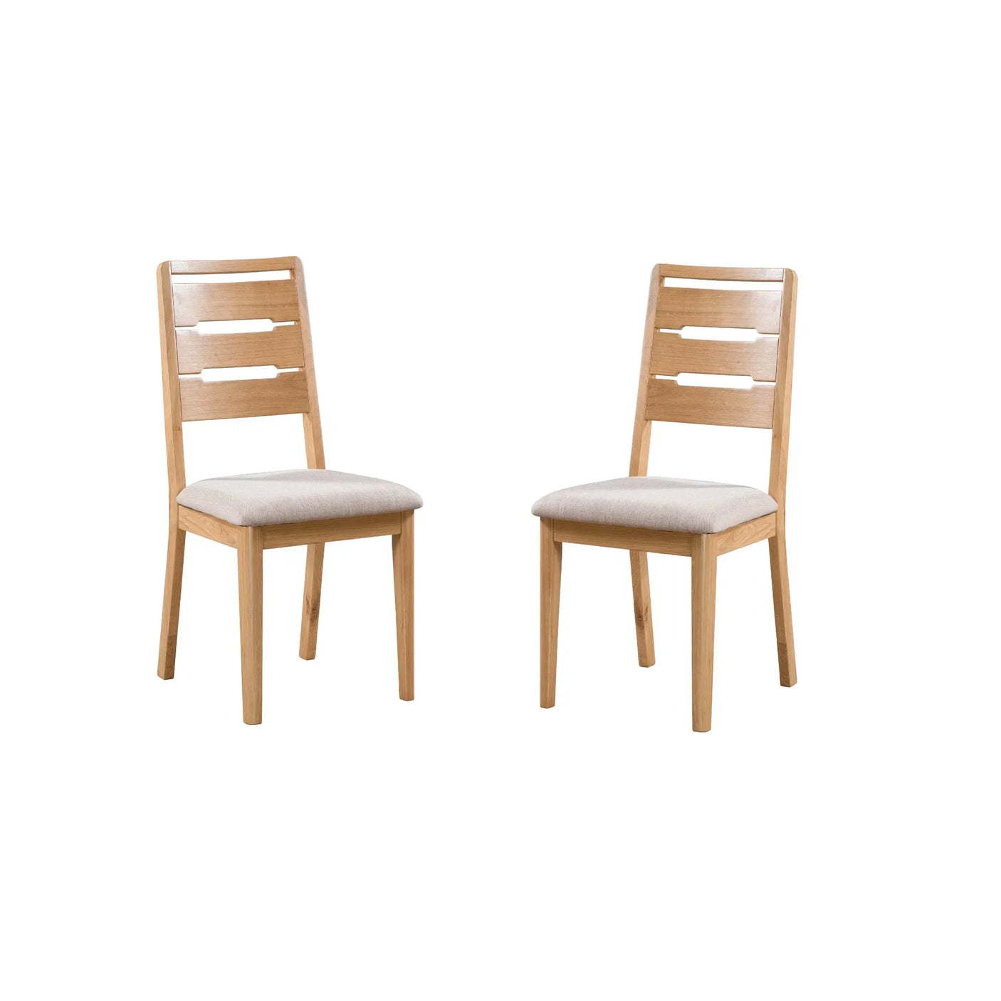 Pair of oak dining chairs with slatted backrests and cream upholstered seats on white background