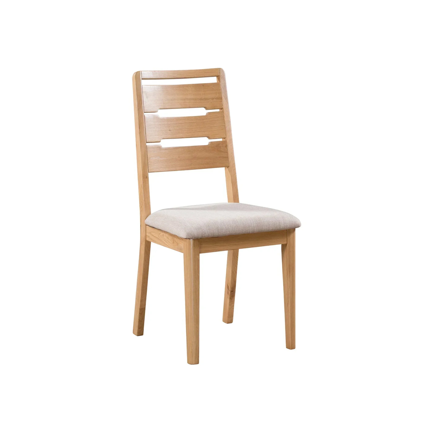 Curve oak dining chair with padded beige fabric seat and slatted backrest on white background