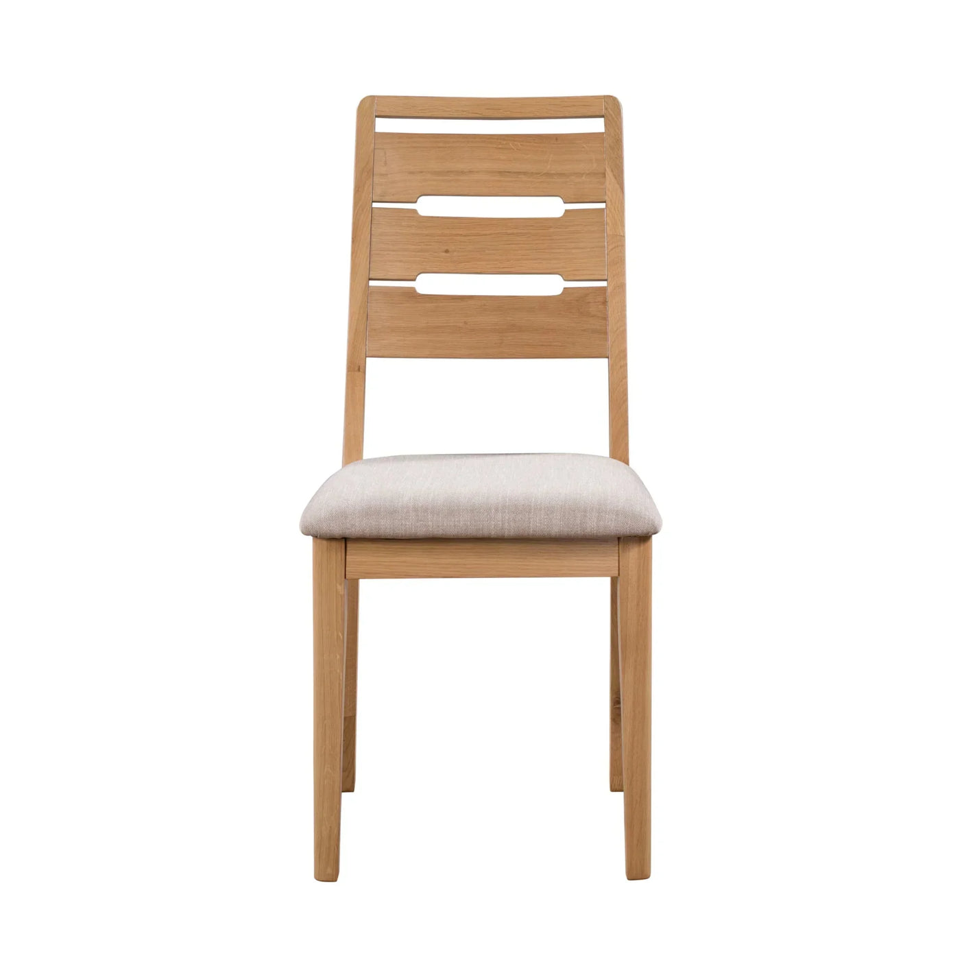 Oak dining chair with slatted backrest and cushioned seat, front-facing view