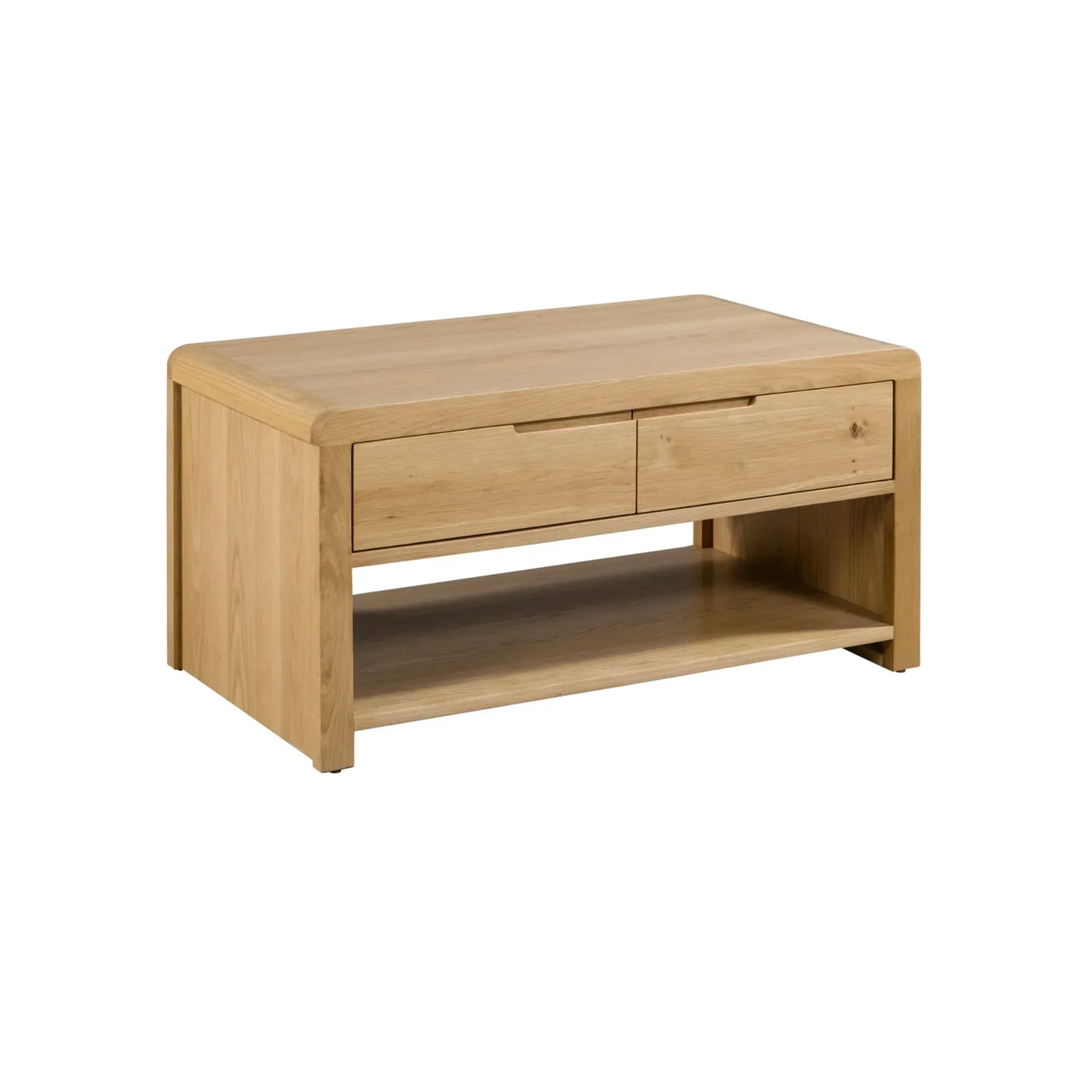Oak coffee table with curved edges, two front drawers and lower storage shelf, side view