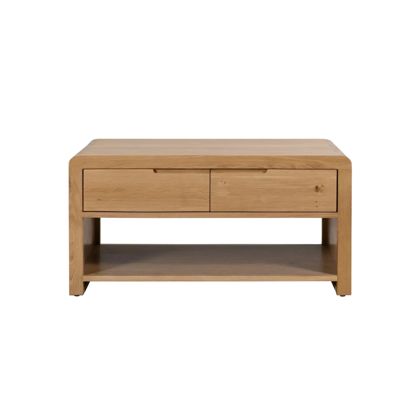 Oak coffee table with two drawers and lower shelf, front view on white background