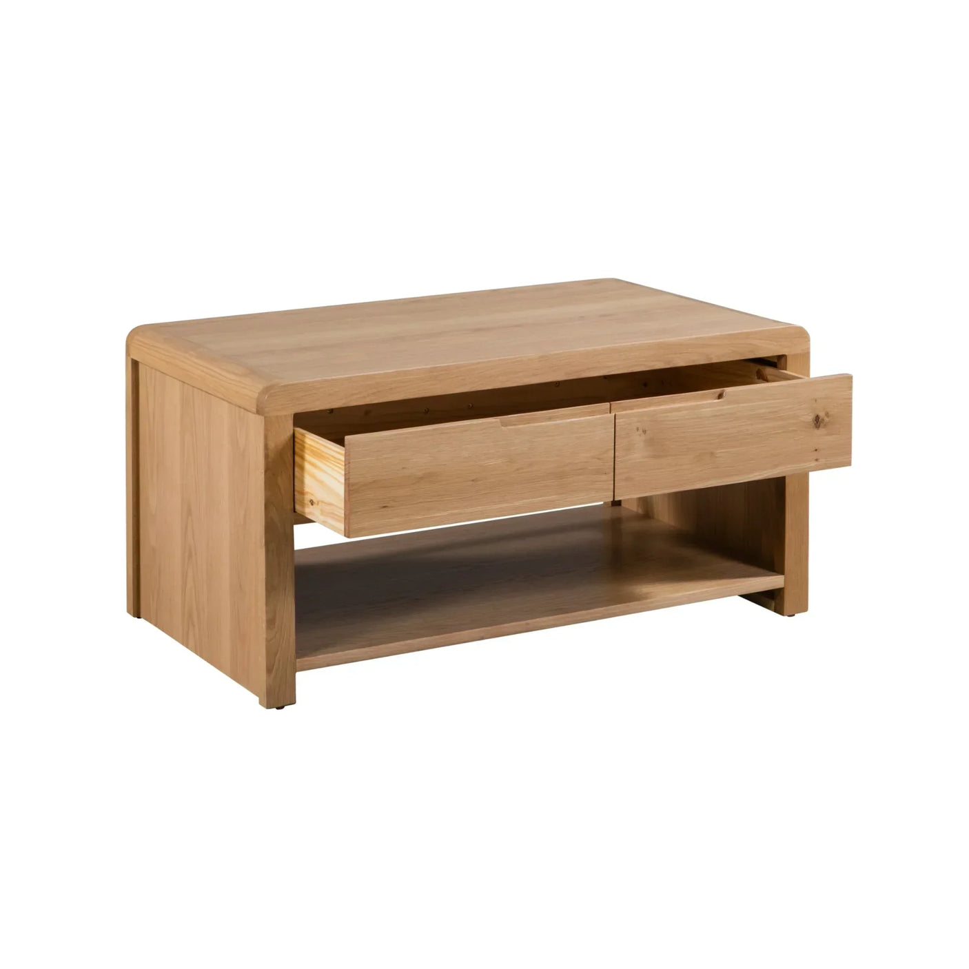 Oak coffee table with two open storage drawers and lower shelf on white background