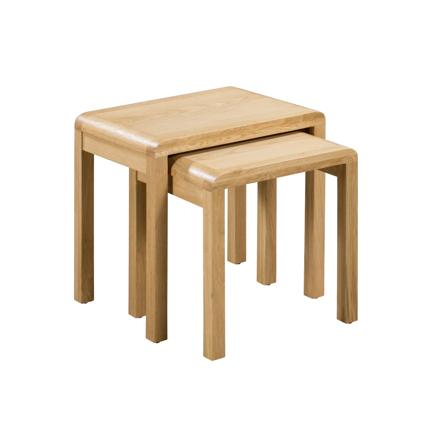 Oak nest of tables set with rounded edges and natural wood finish, stacked together