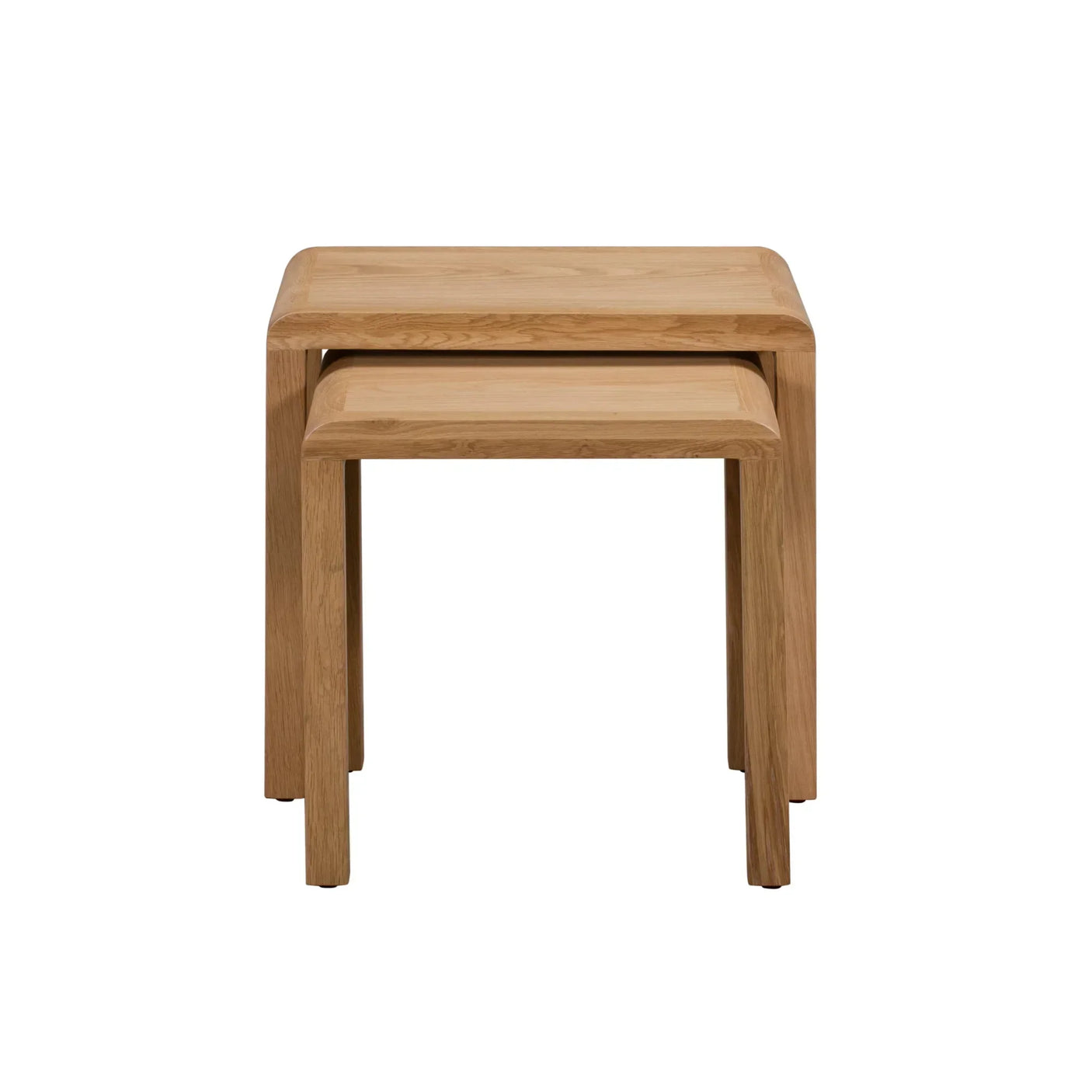 Oak nest of tables with curved edges, two tables stacked, front view