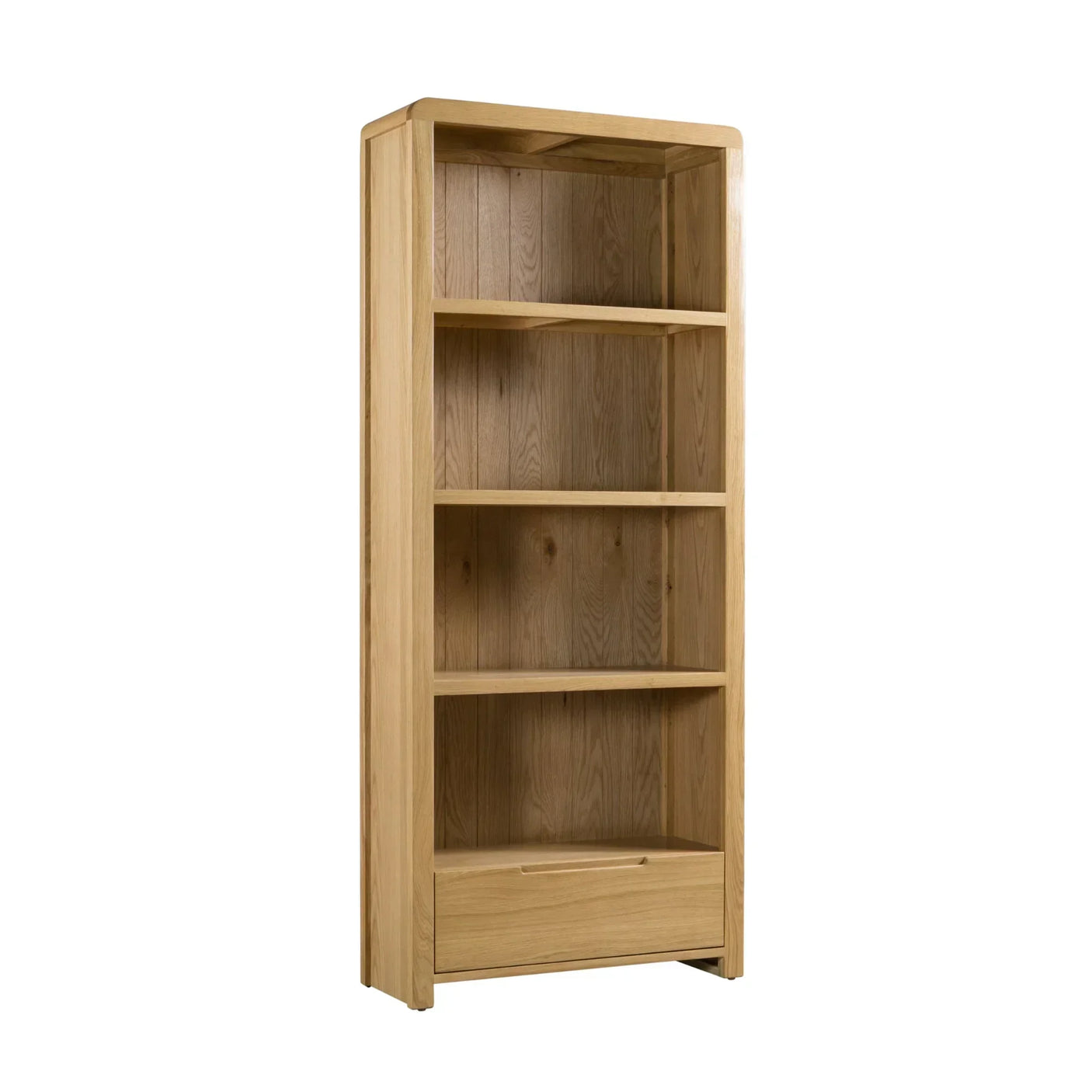Tall oak bookcase with four shelves and a lower storage drawer, angled front view