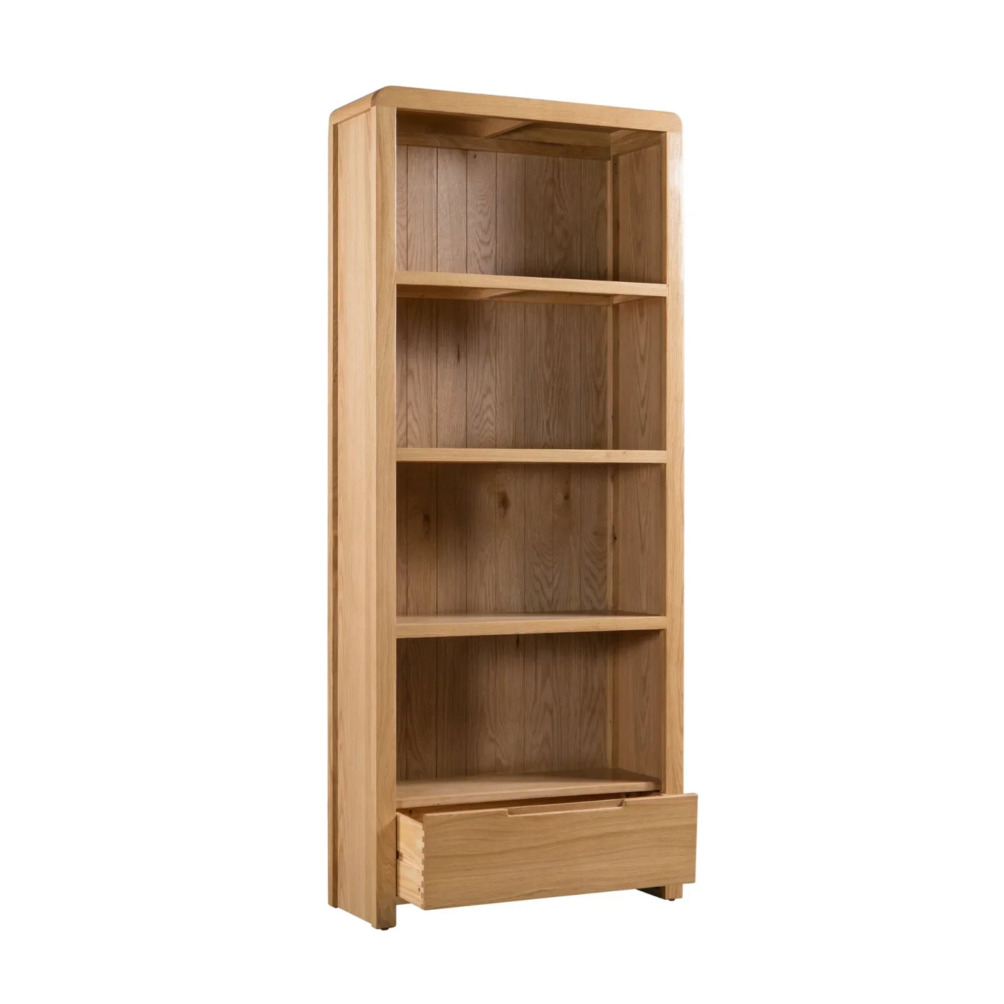 Tall oak bookcase with four shelves and lower storage drawer, angled front view