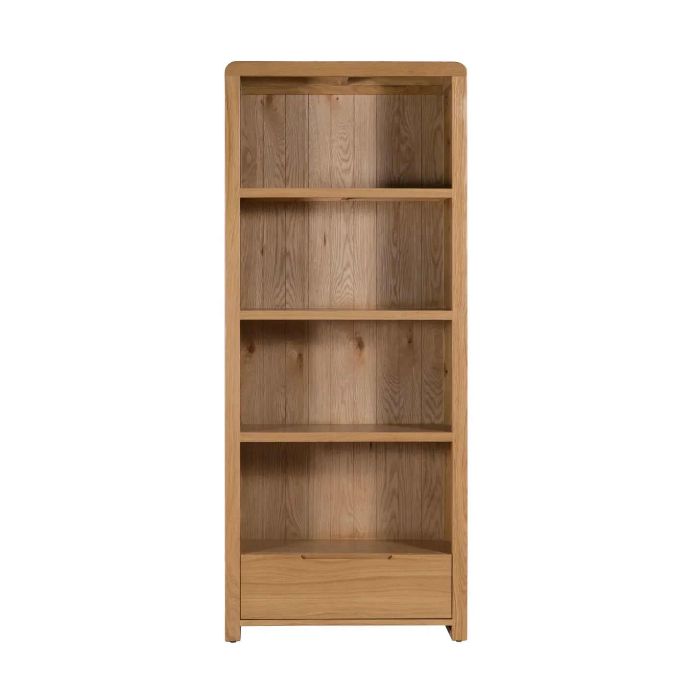 Tall oak bookcase with four shelves and lower storage drawer, front view
