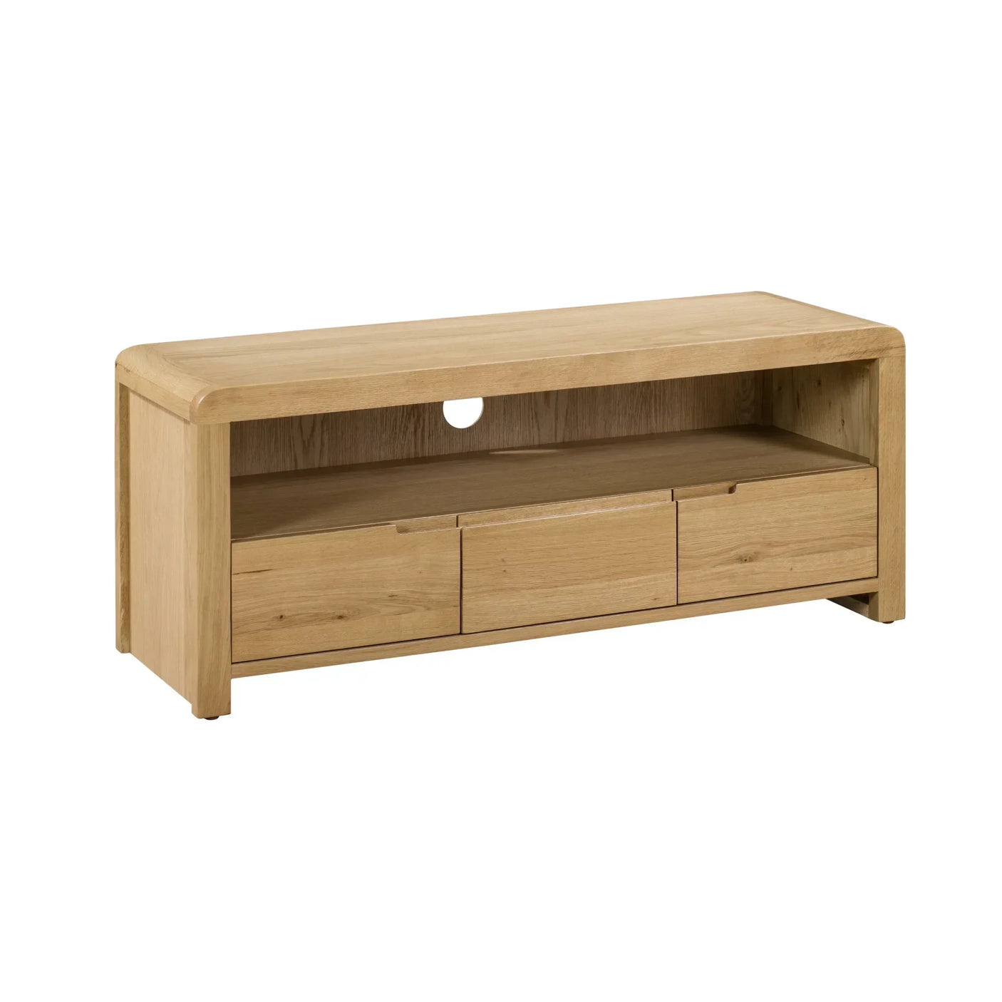 Oak TV unit with rounded corners, open shelf and three drawers, cable tidy hole at rear