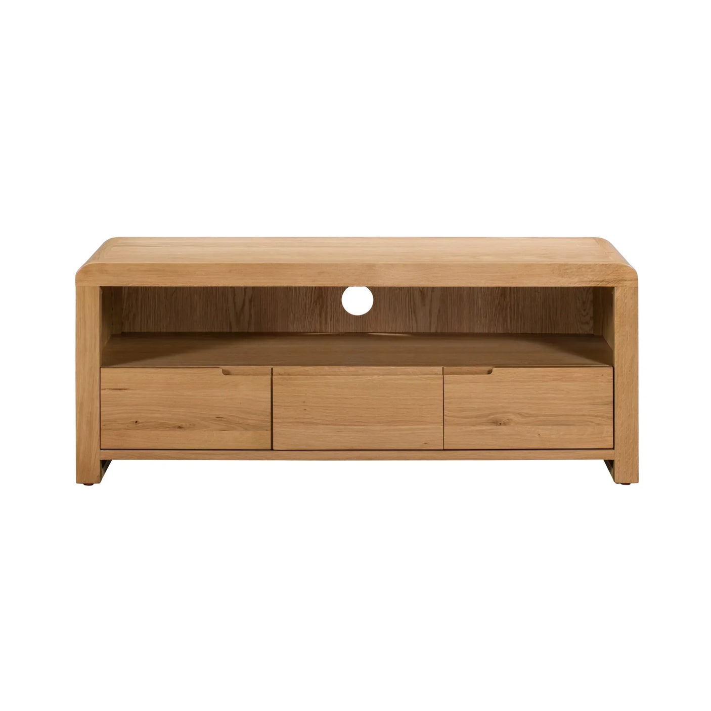 Oak TV unit with open shelf, cable hole, and three drawers, front view