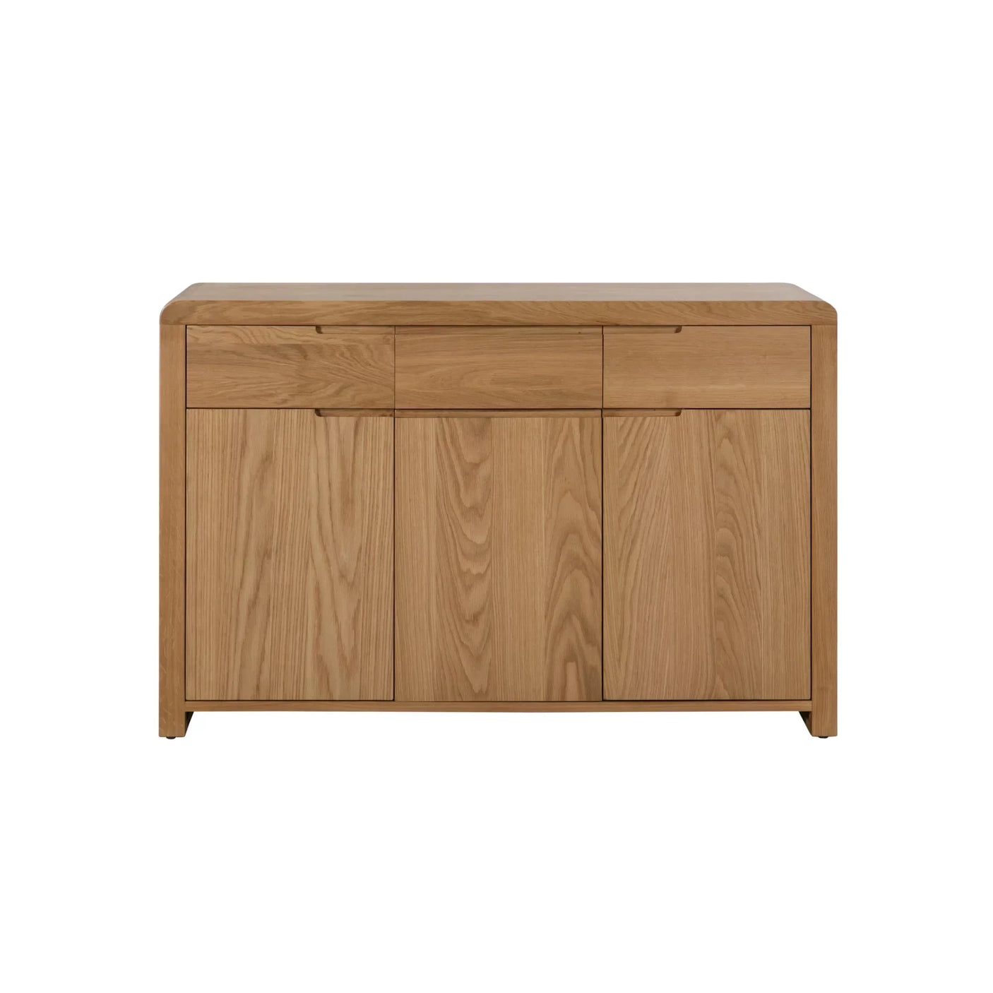 Oak sideboard with three drawers and three cabinet doors, modern wood grain finish, front view