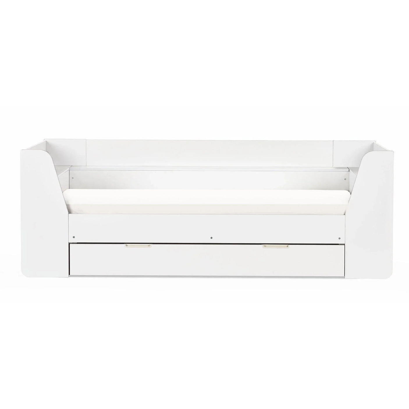 White daybed with pull-out storage drawer and side panels, front facing