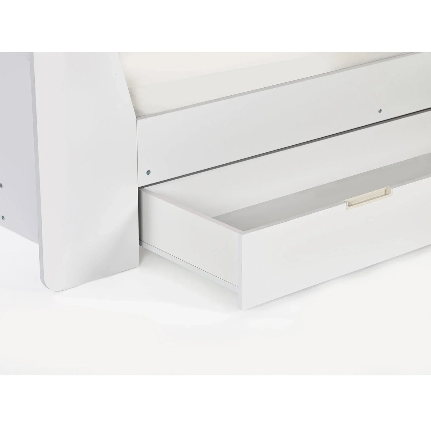 White daybed with built-in storage drawer, close-up of corner and open drawer detail