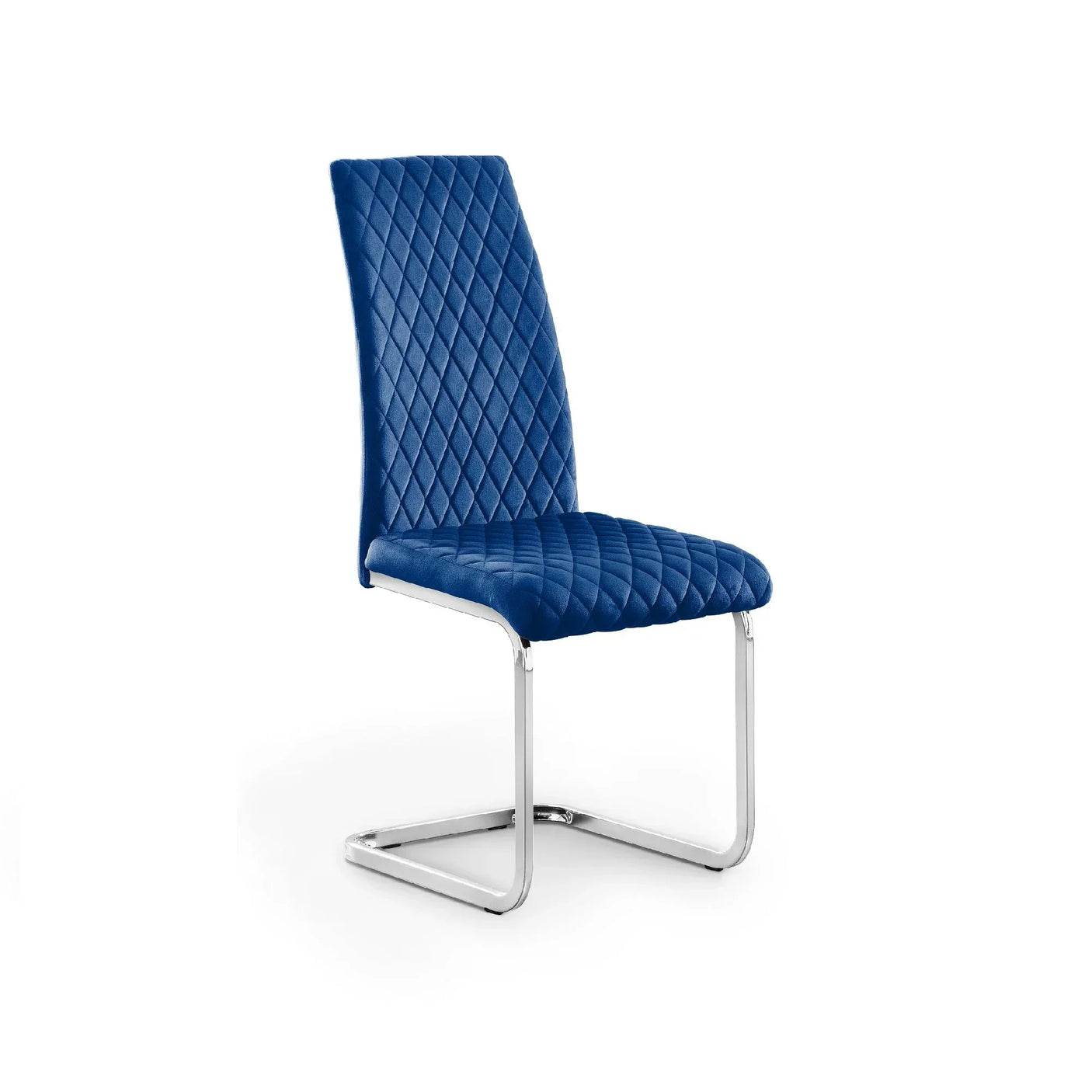 Blue dining chair with quilted upholstery and chrome cantilever legs on white background