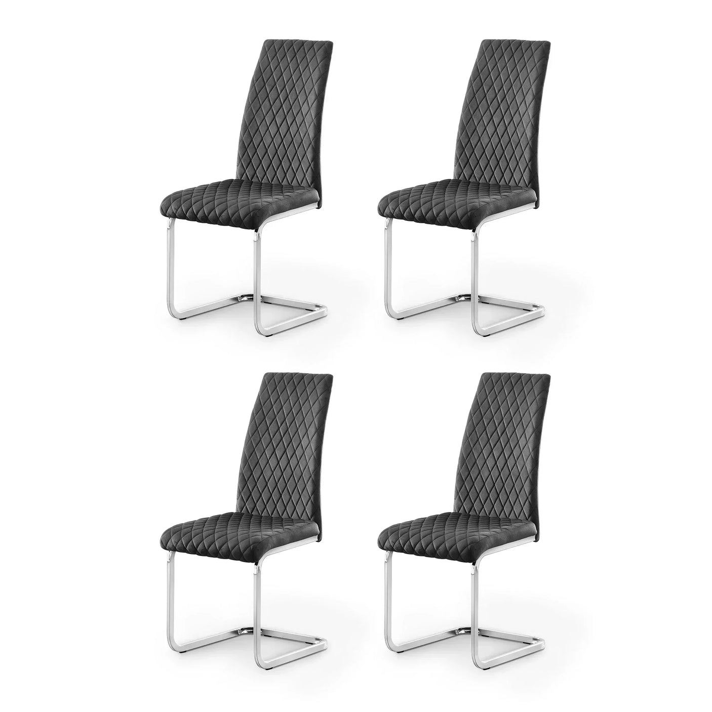 Set of four grey quilted dining chairs with chrome cantilever legs on white background