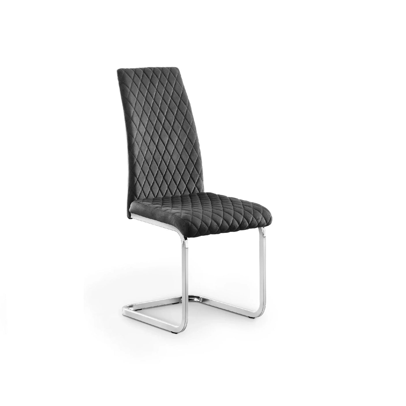 Grey dining chair with quilted upholstery and chrome cantilever legs on white background