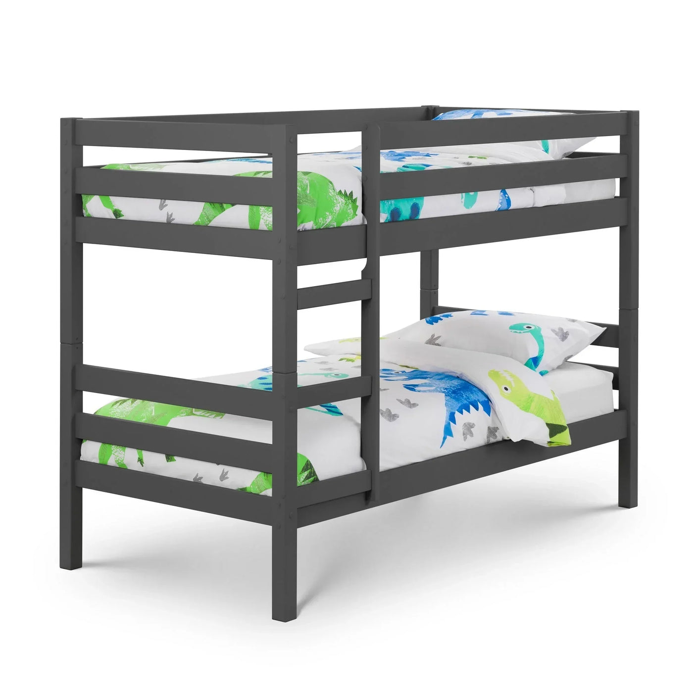 Anthracite bunk bed with ladder, dinosaur bedding, shown on white background