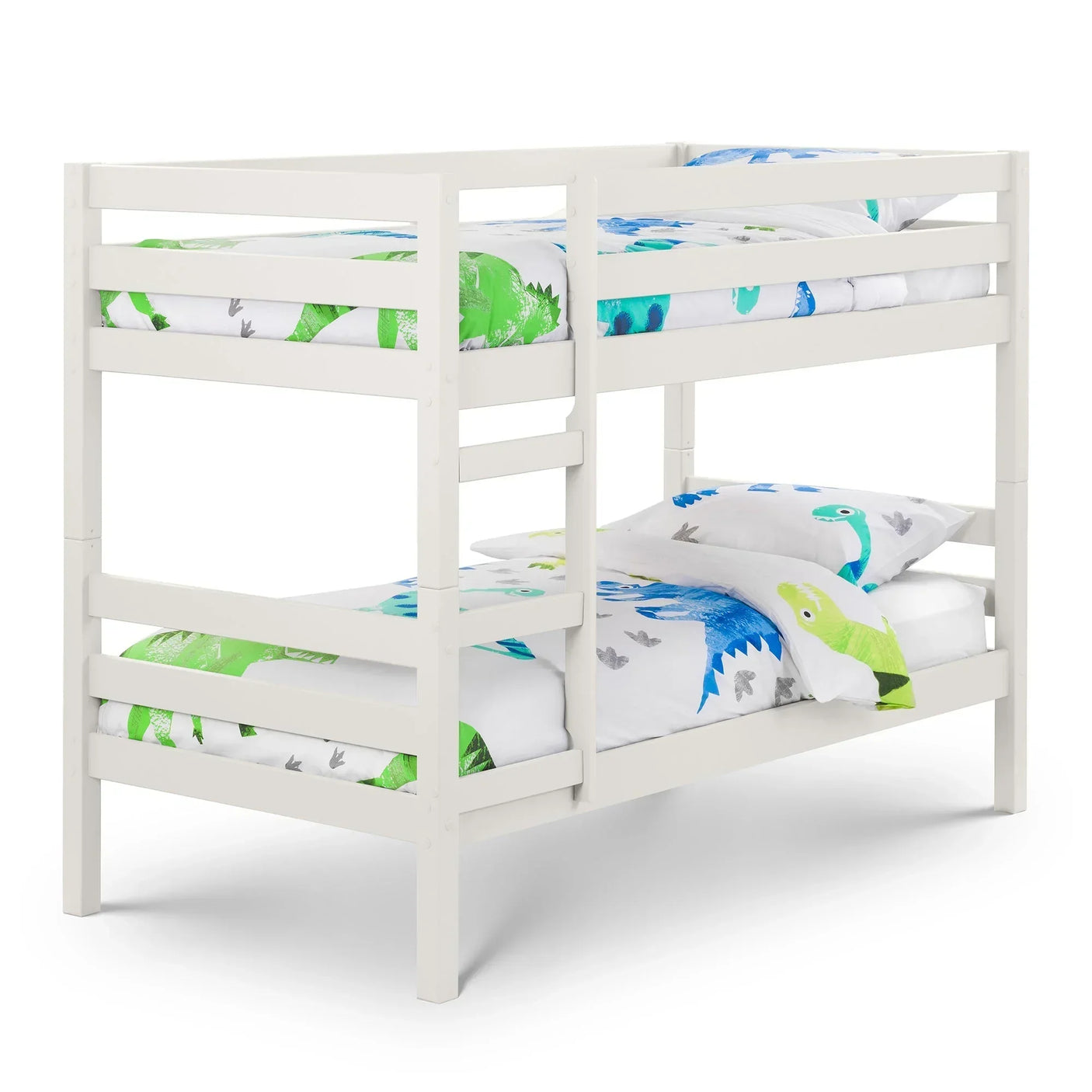 White wooden bunk bed with dinosaur print bedding, side angled view