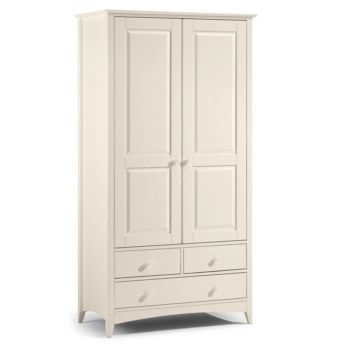 Cream combination wardrobe with paneled doors and three drawers, angled front view