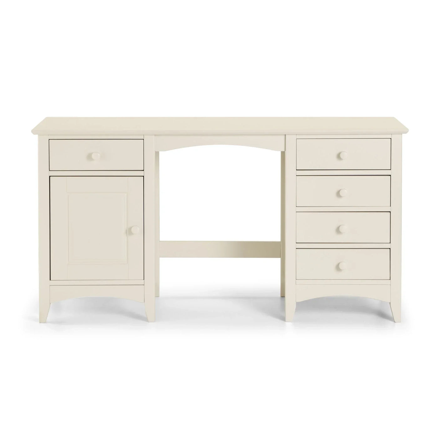 Cream dressing table with five drawers, one cupboard and a single top left drawer, front view