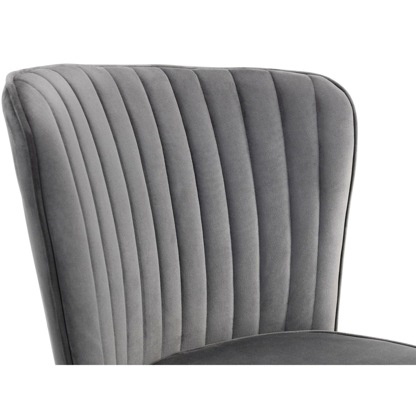 Close view of grey Cannes chair backrest with vertical stitched velvet upholstery