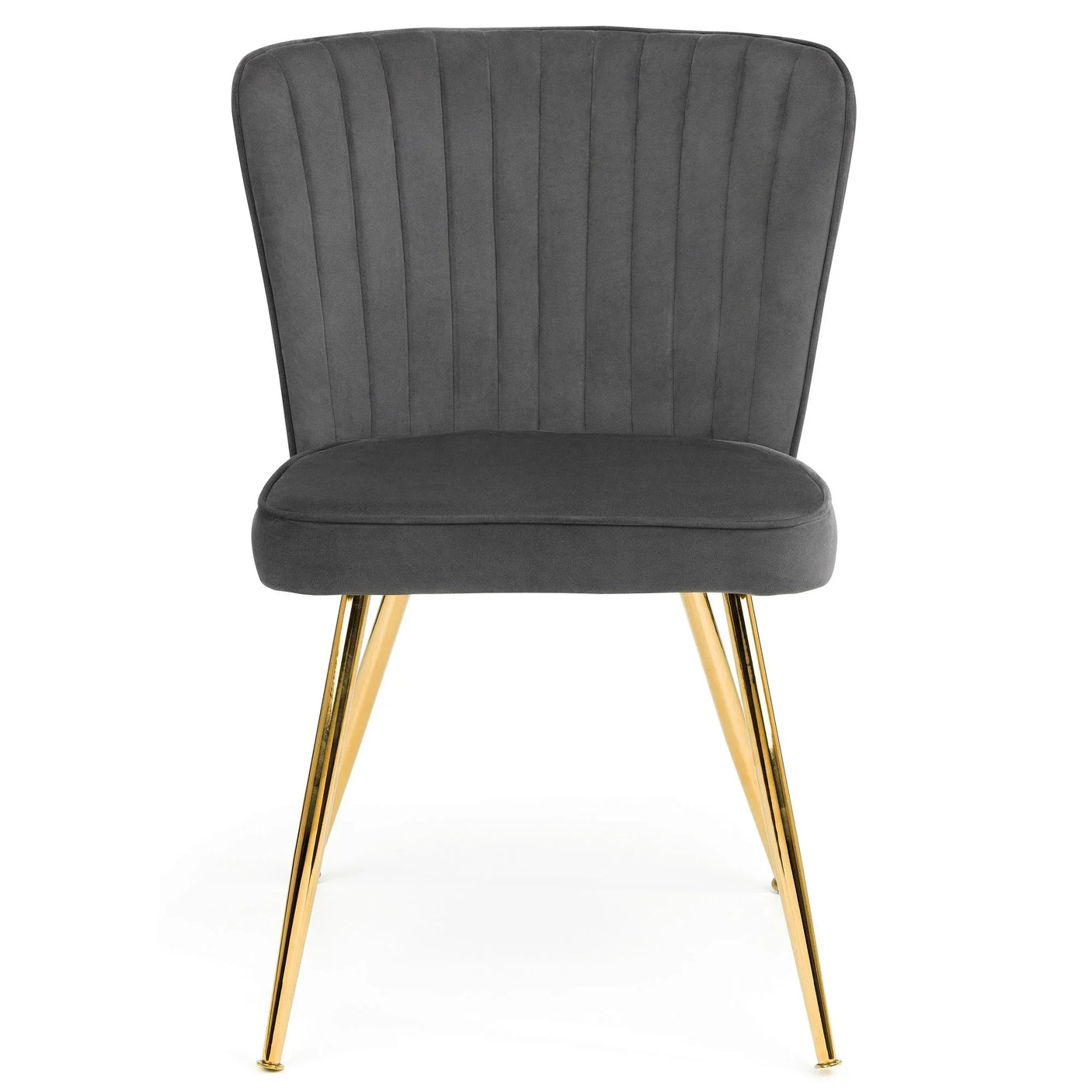 Grey velvet dining chair with gold metal legs, front view, vertical stitched backrest