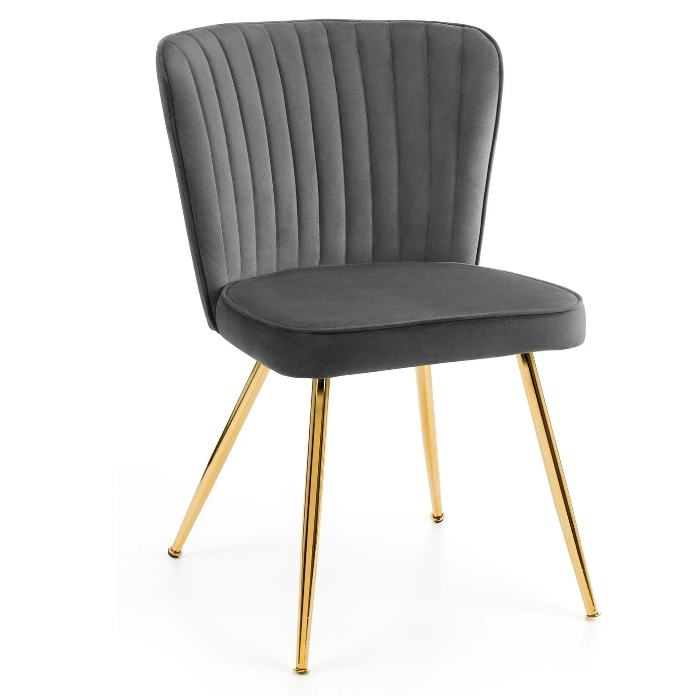 Grey velvet dining chair with vertical stitching and gold metal legs on white background