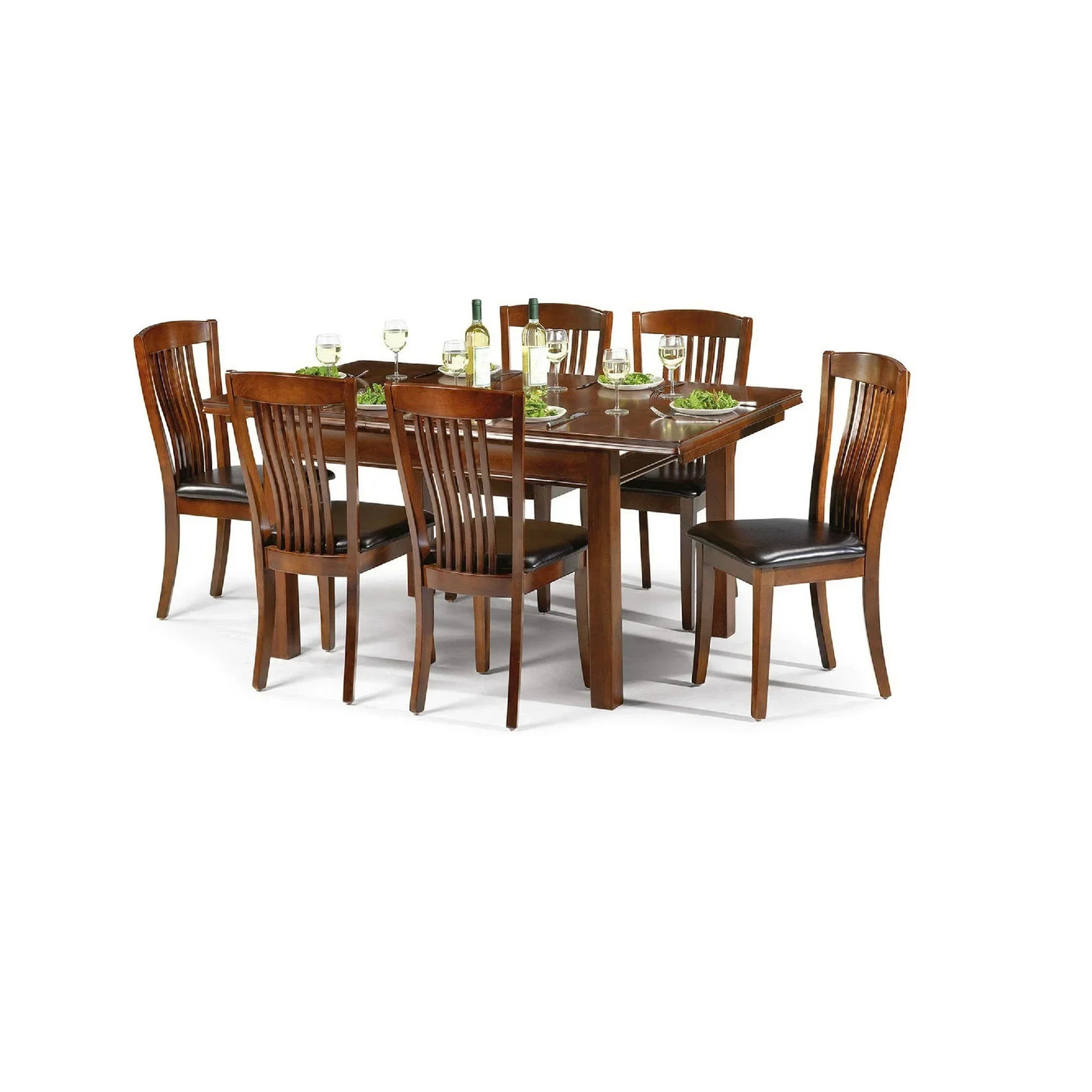Wooden Canterbury dining set with six chairs, brown finish, set for a meal