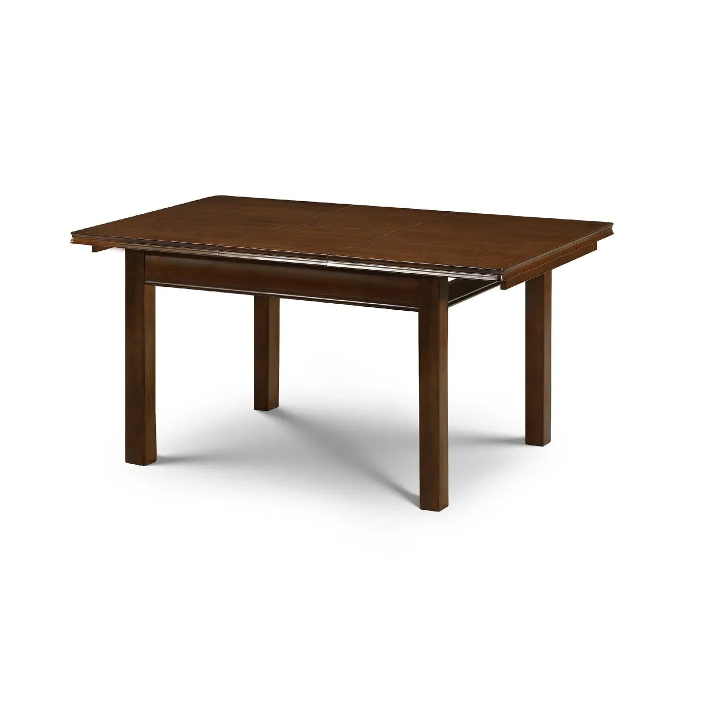 Rectangular wooden dining table with four legs and dark brown finish on white background