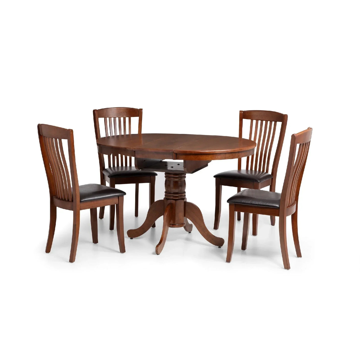 Wooden round to oval dining table with pedestal base and four slat-back chairs with cushions
