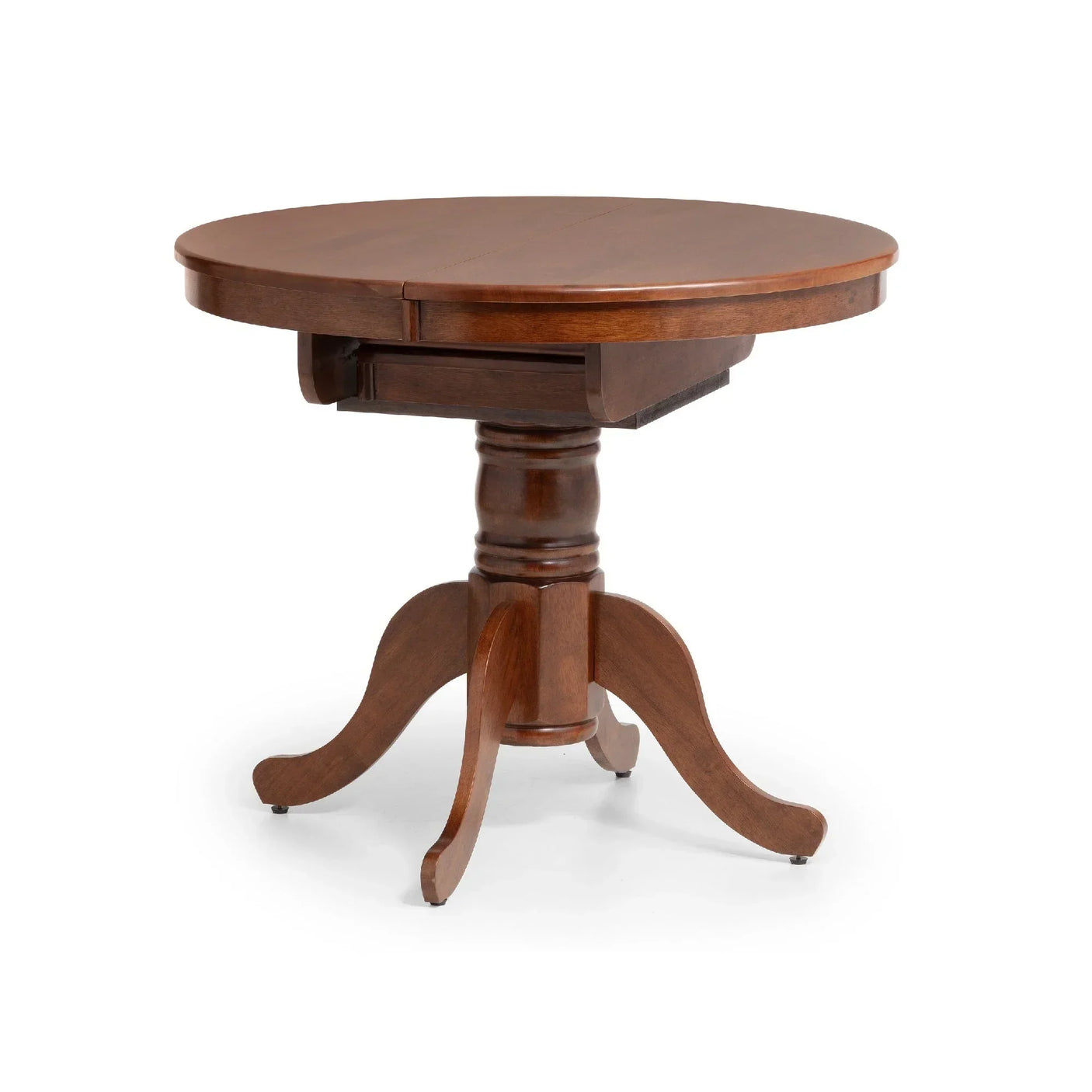 Round wood dining table with pedestal base and closed top, shown on white background
