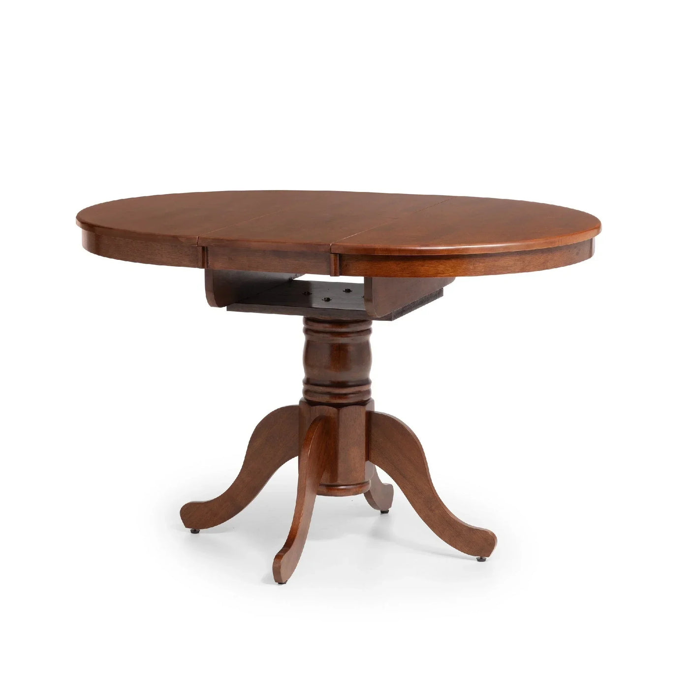Extendable oval dining table with pedestal base in dark wood finish, leaf open