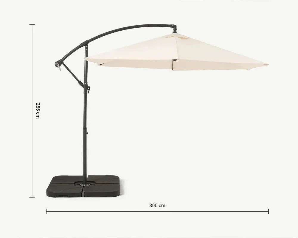 Ivory cantilever parasol 3M with black metal frame, shown side view with height and width