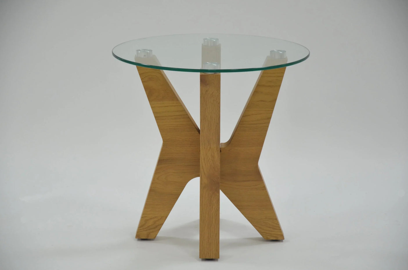 Round glass top lamp table with oak wood base, shown against a plain white background