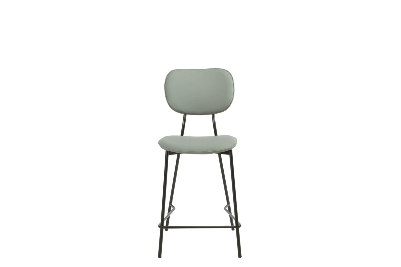 Grey bar stool with padded seat, curved backrest and black metal legs, front view