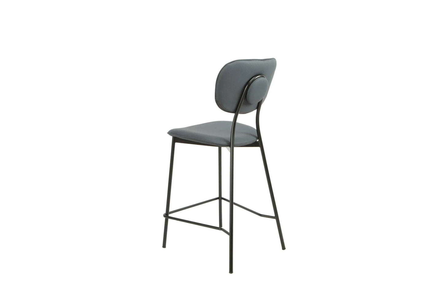 Capri bar stool in midnight blue faux leather with black metal legs, rear angled view