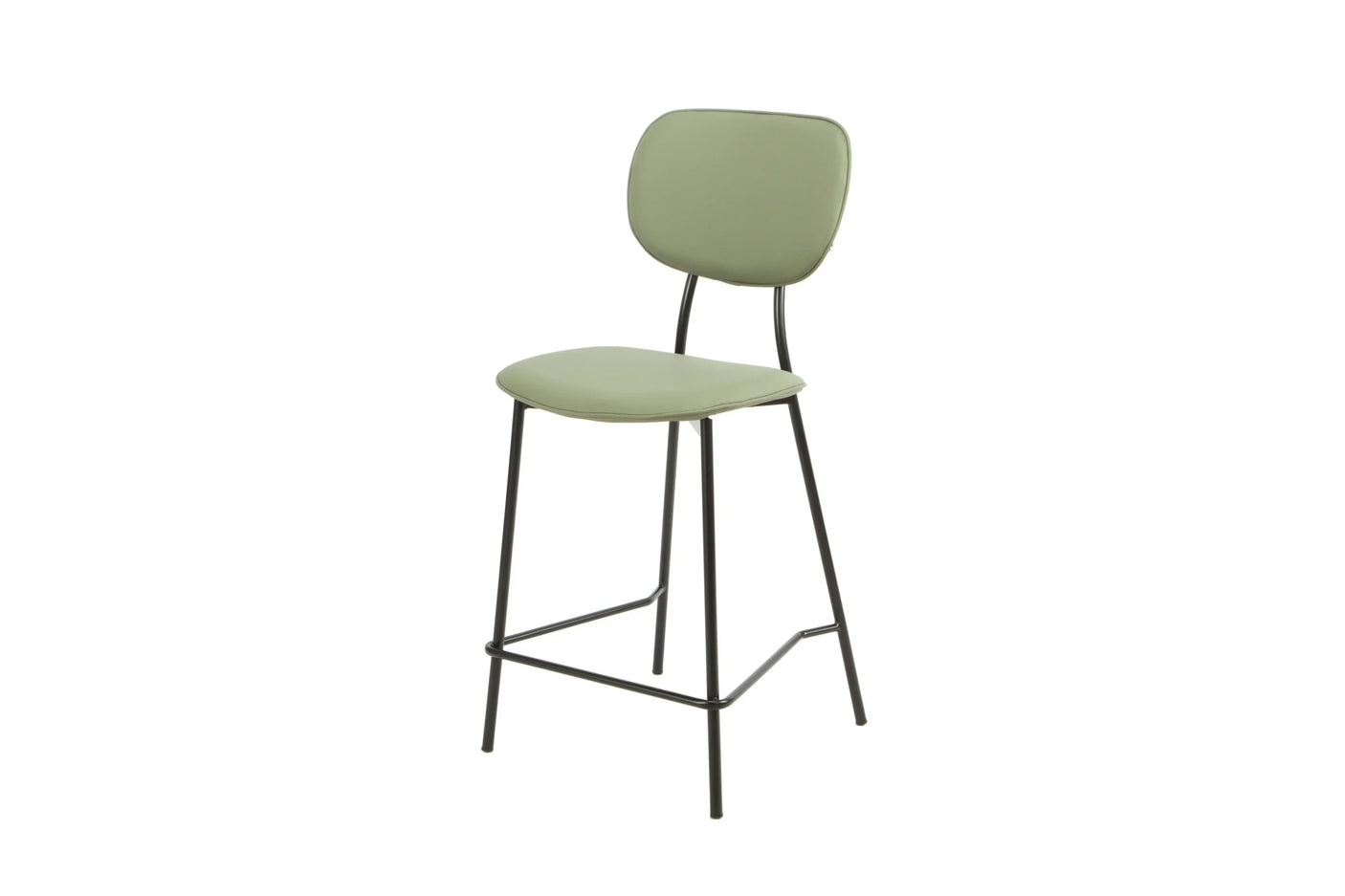 Sage green Capri bar stool with padded seat and backrest, black metal legs, side view