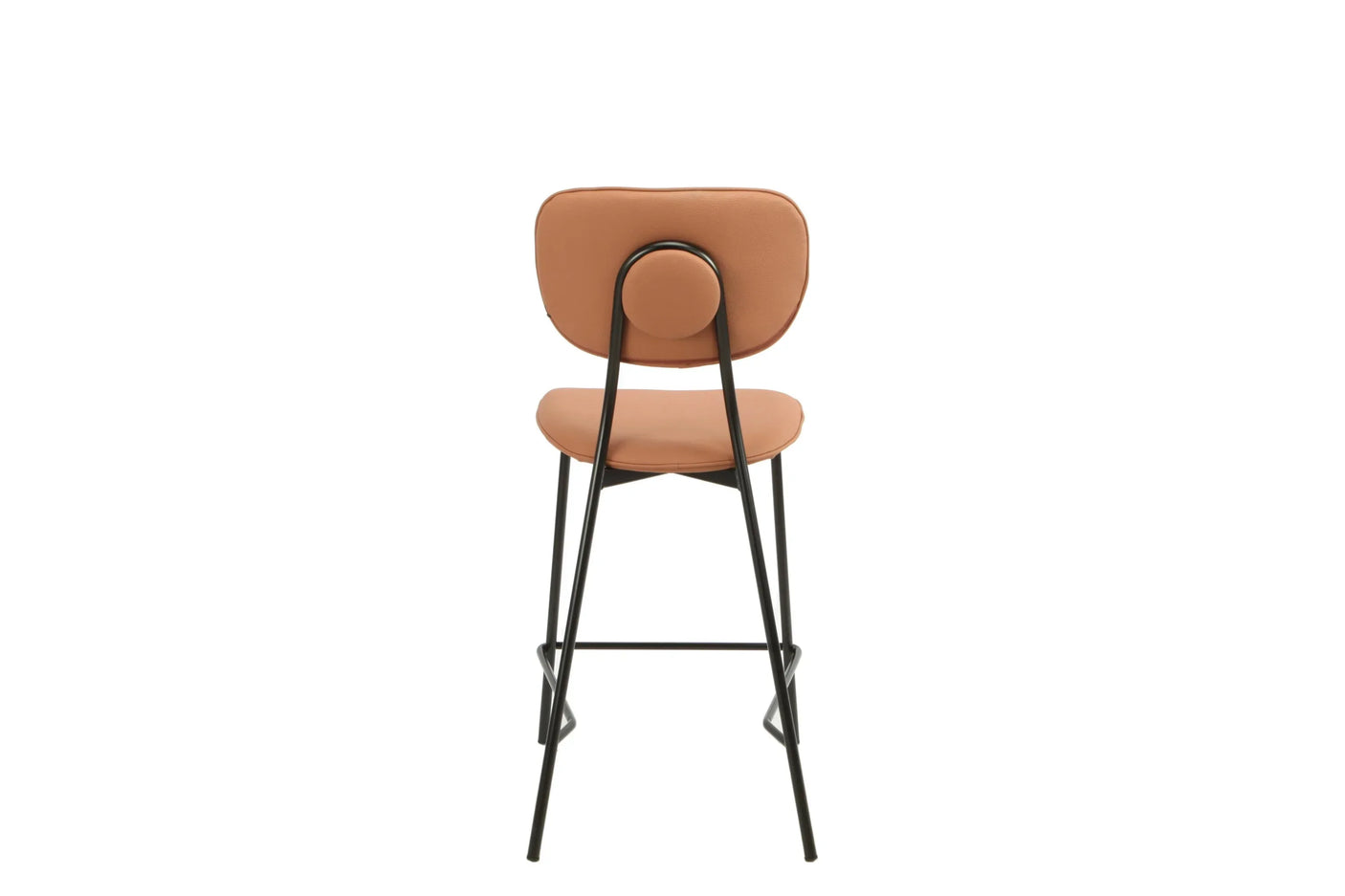 Salmon bar stool with upholstered seat, rounded backrest and black metal legs, rear view