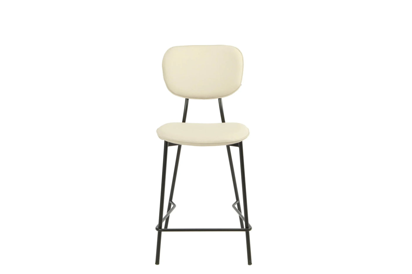 Capri bar stool with taupe padded seat and backrest, black metal legs, front view